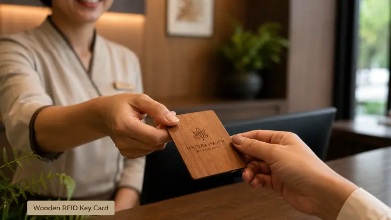 Hotel receptionist handing a wooden RFID key card to a guest at check-in