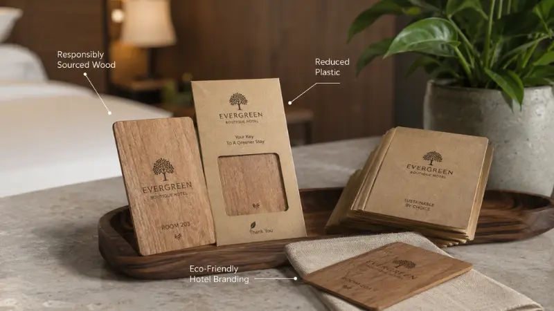 Wooden RFID hotel key cards with eco-friendly packaging and sustainability-focused presentation