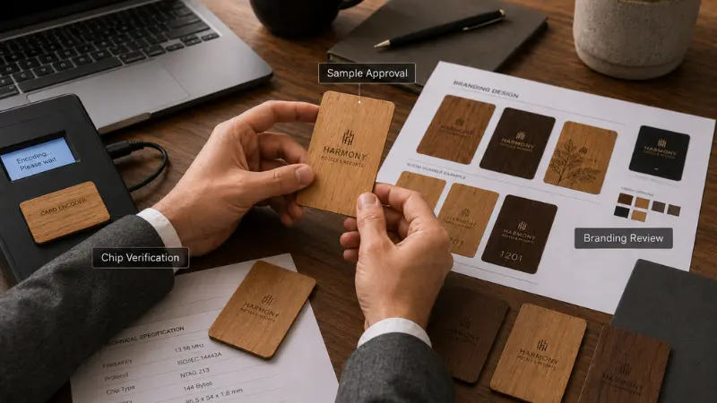 Hotel buyer reviewing wooden RFID key card samples and design details before mass production